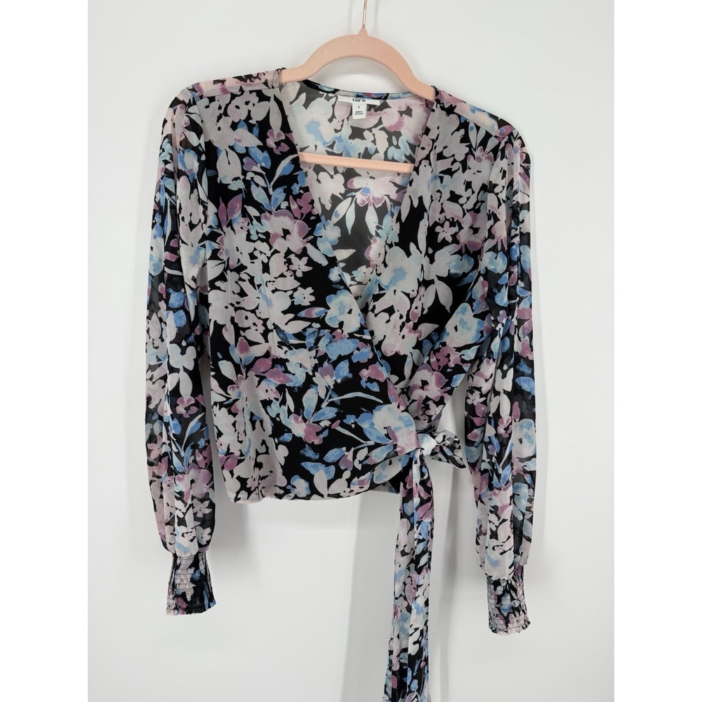 Bar III Floral Wrap Blouse Top L Large Chiffon Long Sleeve Smocked V-Neck Tie